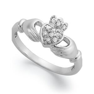 Diamond Sterling Silver Claddagh Ring with Heart Accent - White
